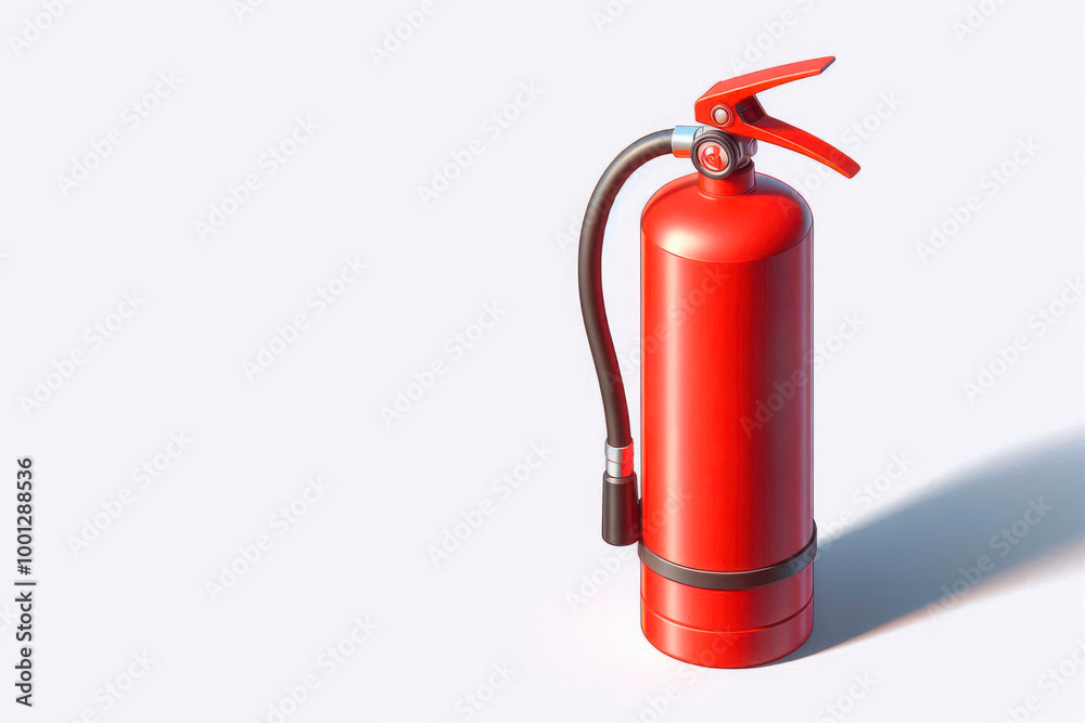 A bright red fire extinguisher on a light background. Space for text. A bright red fire extinguisher on a light background. Space for text.