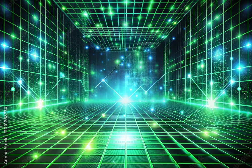 Vibrant, futuristic, high-definition background featuring intricate, neon-green grid patterns and abstract code