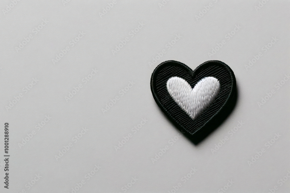The heart is made of fabric, black with a white heart inside. Space for text. The heart is made of fabric, black with a white heart inside. Space for text.