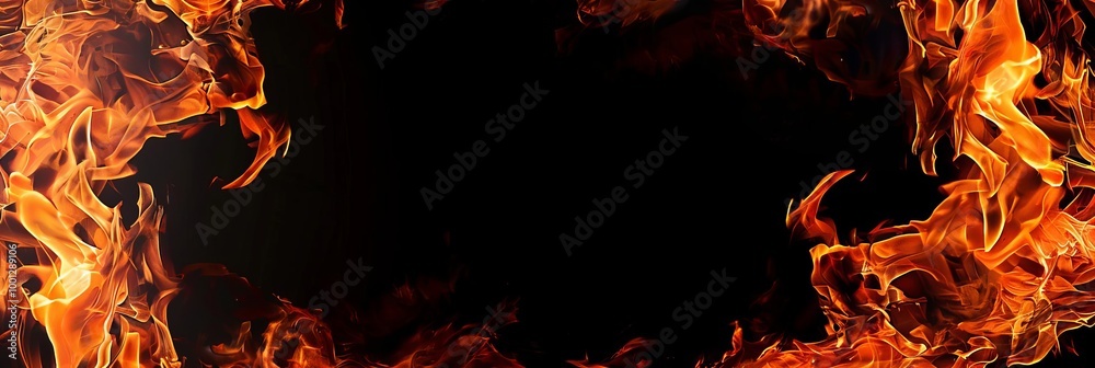 Fiery flames frame a black background, creating a dramatic and intense border. Fiery flames frame a black background, creating a dramatic and intense border.