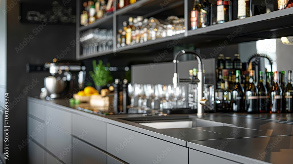 Modern kitchen bar with sink and shelves filled with bottles. Modern kitchen bar with sink and shelves filled with bottles.