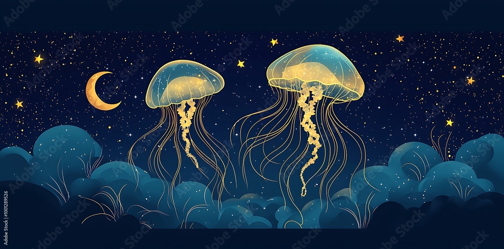 A whimsical illustration of jellyfish floating in the night sky A whimsical illustration of jellyfish floating in the night sky
