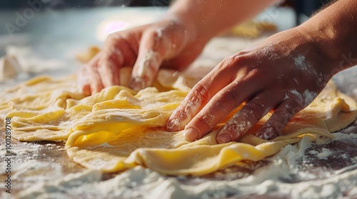 Close-up shots of hands kneading and stretching pizza dough on a floured surface, showcasing the tactile nature of pizza preparation with copy space photo