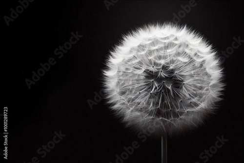 Fluffy dandelion on a black background. Space for text.