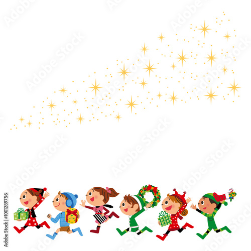 たくさんの星が舞ってクリスマスを楽しんで行進してる子供達
