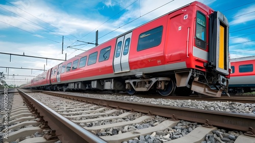 Modern Red Passenger Train on Railway Tracks