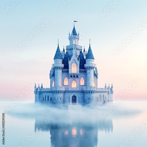 Enchanted castle, foggy moat, magical ambience, 3D illustration