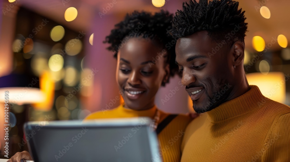 Happy couple looking at a laptop in a cafe.