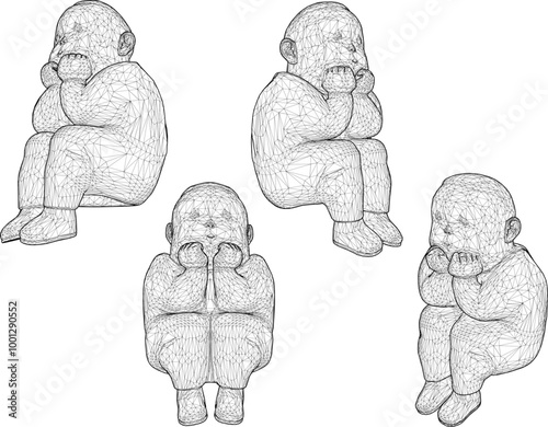 Vector sketch illustration silhouette design image of a fat little boy sitting daydreaming