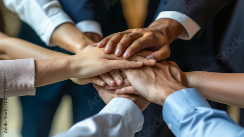 Corporate teamwork scene with colleagues stacking hands, reinforcing the idea that success is a collective effort through unity and collaboration with copy space