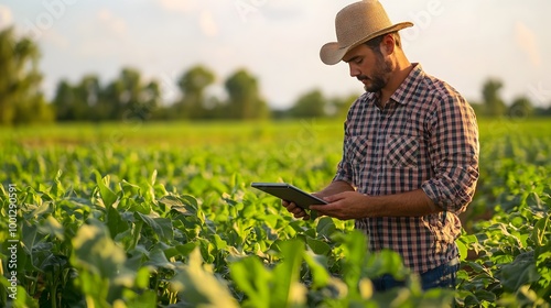 Farmer Monitoring Crop Growth with Tablet on Smart Digital Farming Field