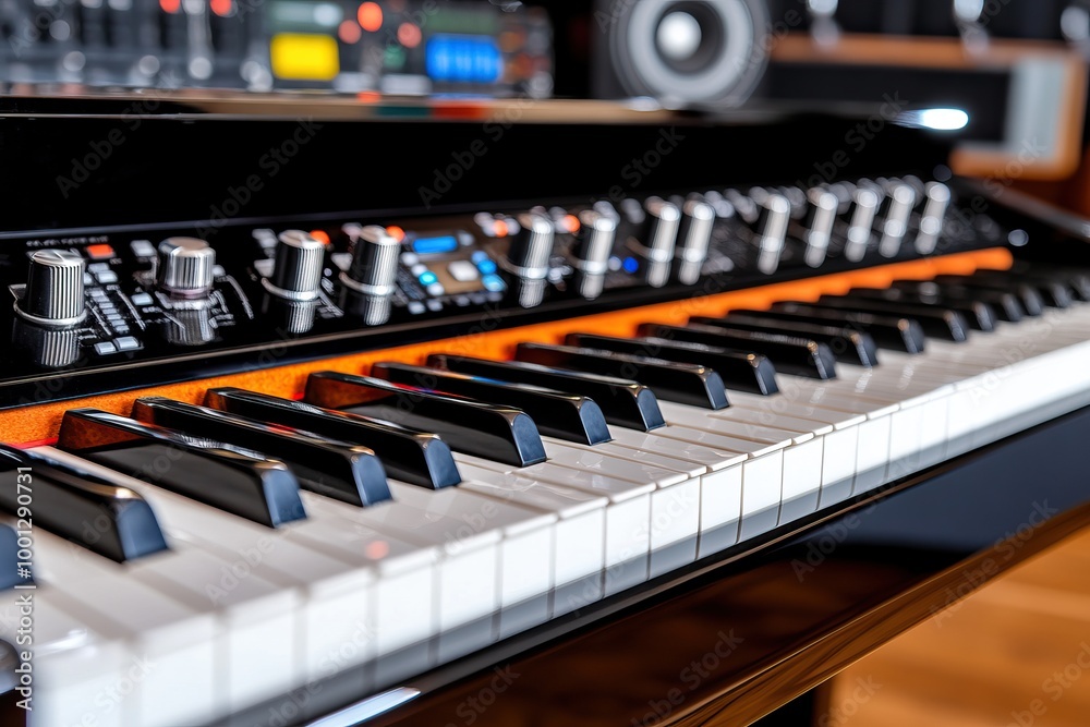 Close-up of a stylish synthesizer keyboard with black and white keys. Ideal for music production and creativity in a modern studio environment. Close-up of a stylish synthesizer keyboard with black and white keys. Ideal for music production and creativity in a modern studio environment.