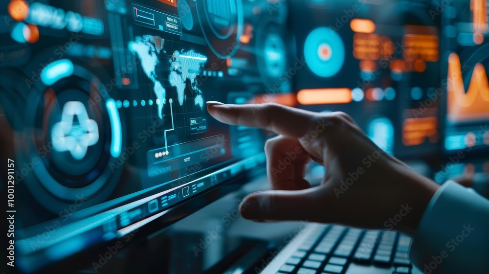 Hand interacting with a futuristic digital interface showing a world map. Hand interacting with a futuristic digital interface showing a world map.