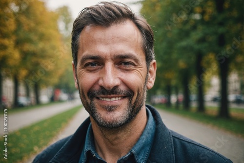 Close portrait of a smiling 40s Serbian man looking at the camera, Serbian outdoors blurred background