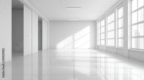 Empty white room with shiny ceramic tile flooring, minimalistic ceiling lighting, and large windows letting in bright natural light.