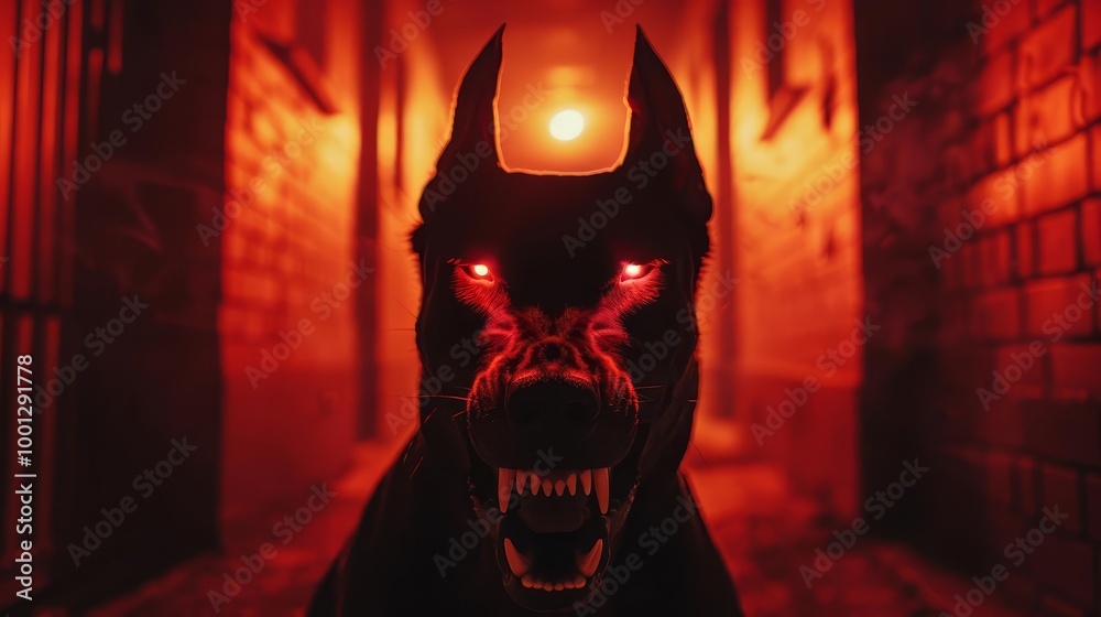 A menacing black dog with glowing red eyes snarls in a dark alley. A menacing black dog with glowing red eyes snarls in a dark alley.