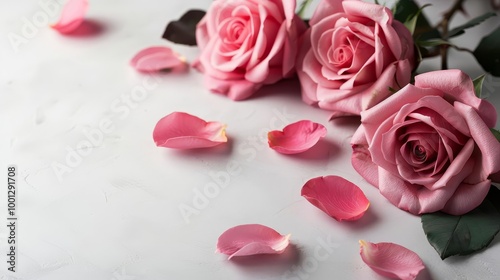 Pink roses and petals on a white background, perfect for romantic or elegant design.
