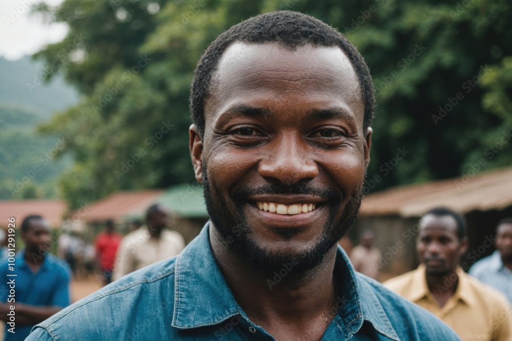 Close portrait of a smiling 40s Sierra Leonean man looking at the camera, Sierra Leonean outdoors blurred background Close portrait of a smiling 40s Sierra Leonean man looking at the camera, Sierra Leonean outdoors blurred background