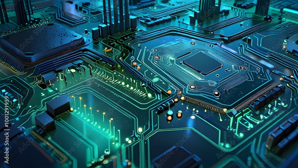 Fototapeta premium Abstract PCB design with interconnected blue lines and glowing circuits creating a futuristic technological network concept