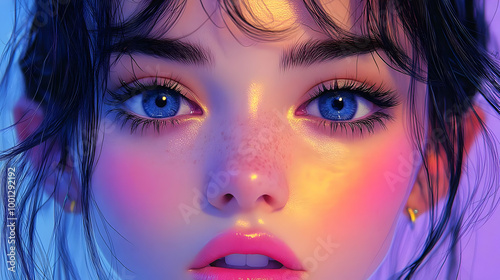 Blue Eyes, Pink Lips, and Freckles: A Close-Up Portrait in Vibrant Colors