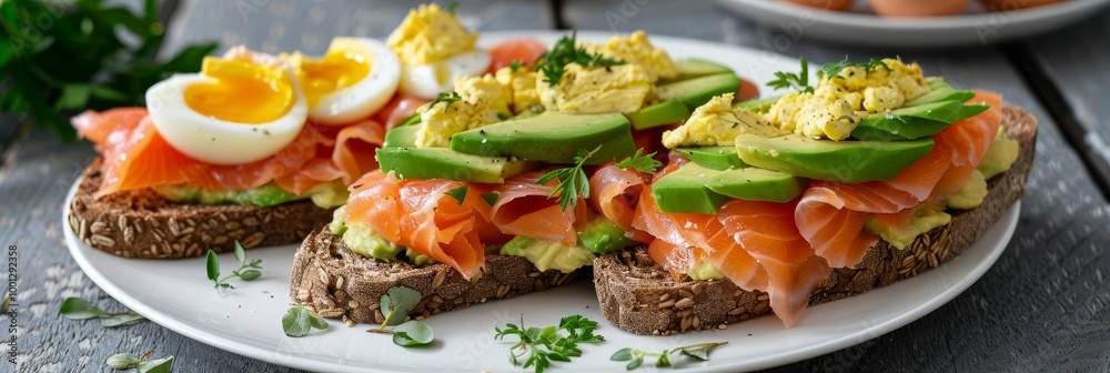 Close-up of three avocado toast with smoked salmon and egg.