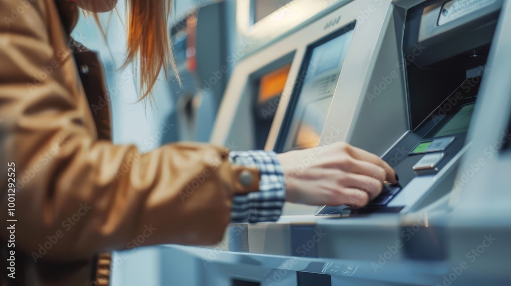Woman using an ATM machine to withdraw cash.