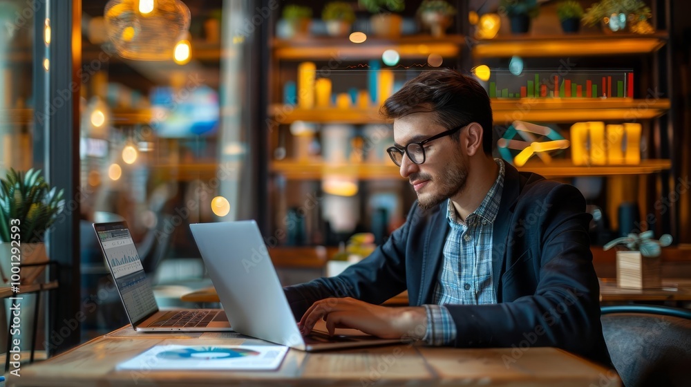 Young businessman working on laptop in a cafe. Young businessman working on laptop in a cafe.
