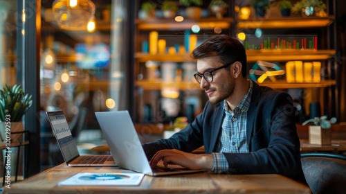 Young businessman working on laptop in a cafe.