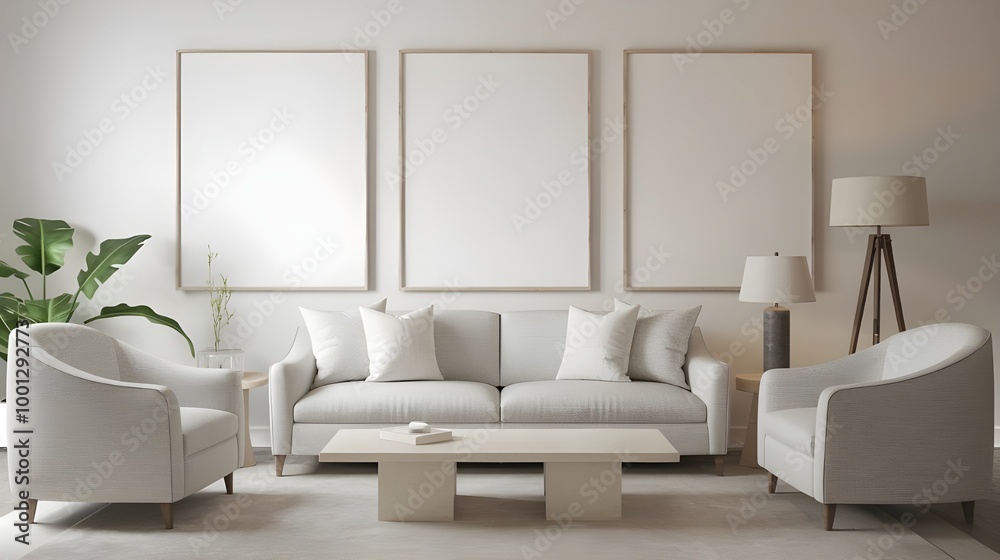 Fototapeta premium Minimalist Living Room Interior Design with White Sofa and Three Frames