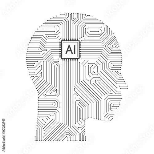 Human head outline with circuit board and AI chips isolated on a white background. Artificial intelligence and machine learning technology. Vector illustration.