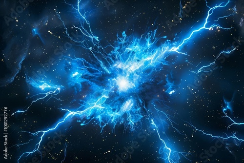 Abstract blue energy explosion with lightning bolts against a dark starry background. photo