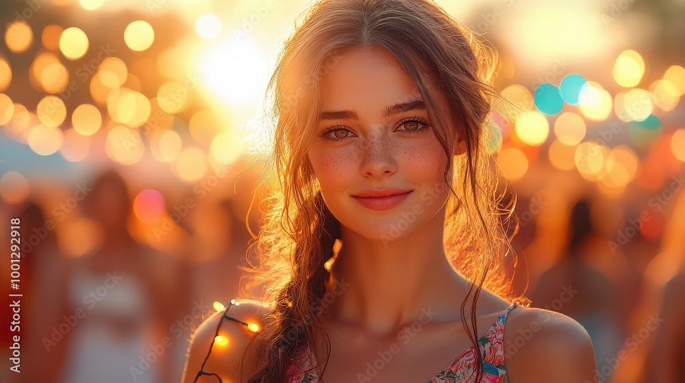 Young Woman in Sunglasses at Outdoor Event with Floral Pattern Top. Young Woman in Sunglasses at Outdoor Event with Floral Pattern Top.