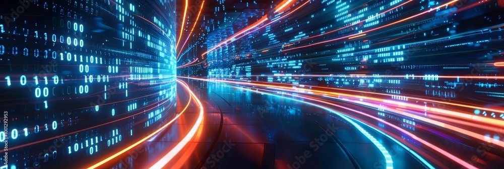 Abstract digital tunnel with glowing lines and binary code. Abstract digital tunnel with glowing lines and binary code.