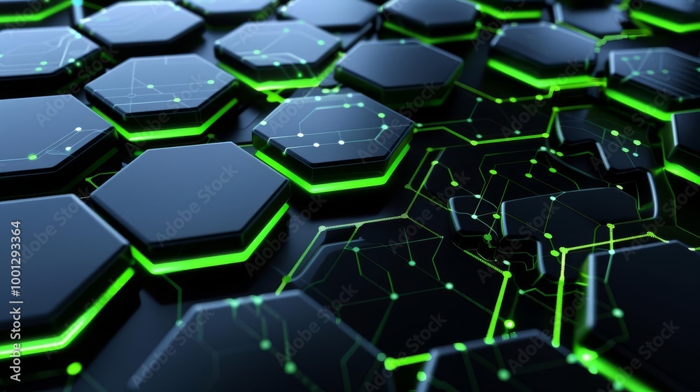 Fototapeta premium Abstract futuristic background with glowing green lines on black hexagon tiles.