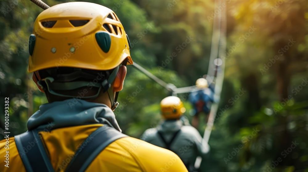 Person ziplining through lush green rainforest canopy. Person ziplining through lush green rainforest canopy.