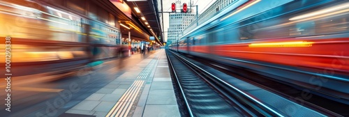 Blurred motion of a train speeding through a station platform.