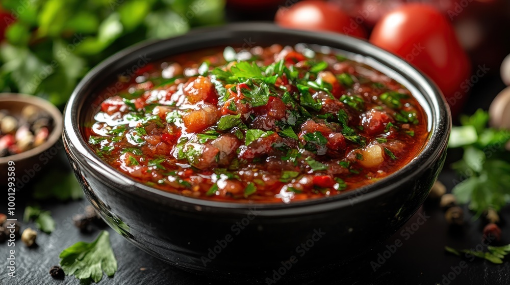 A vibrant bowl of salsa topped with fresh herbs and spices. A vibrant bowl of salsa topped with fresh herbs and spices.