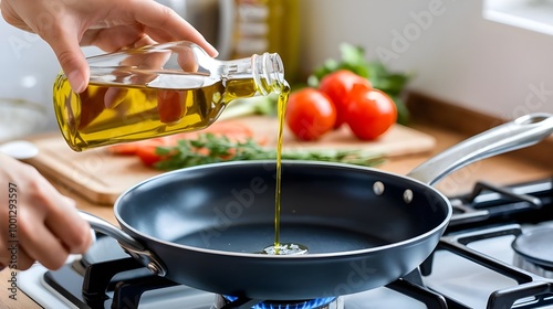 Pouring Olive Oil into Frying Pan on Stovetop
