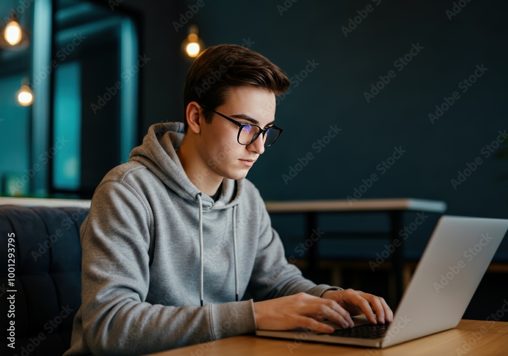 Concentrated young man working on a laptop in a cafe Concentrated young man working on a laptop in a cafe