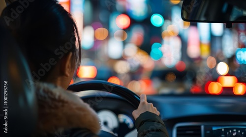 Woman driving through a city at night with blurred lights in the background.