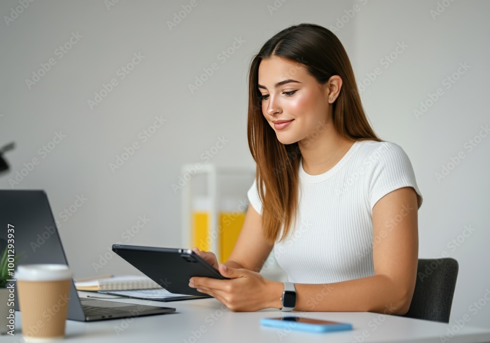 Concentrated young woman working on a digital tablet Concentrated young woman working on a digital tablet