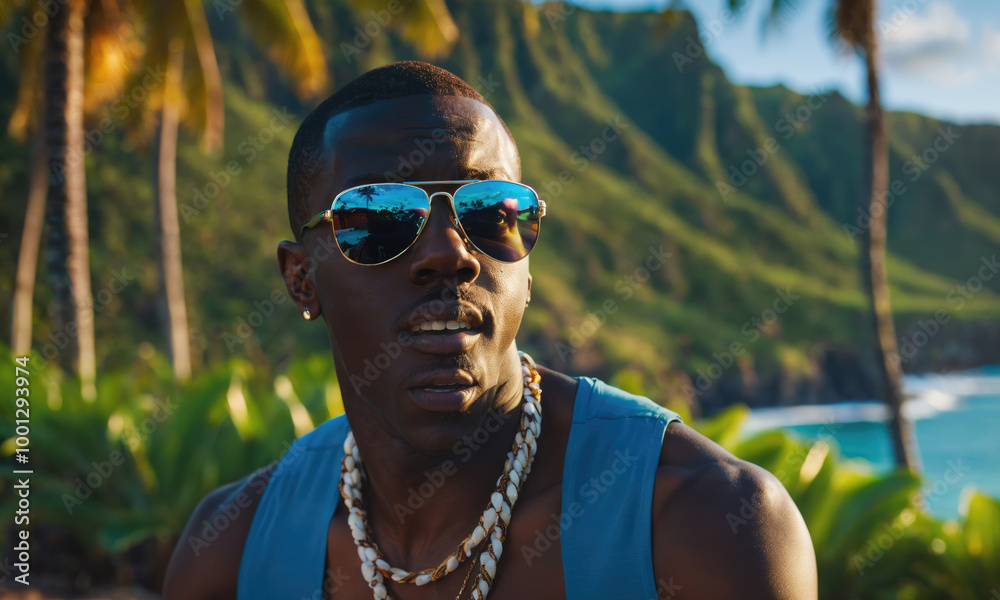 A man wearing sunglasses looks out towards the ocean on a sunny day in Hawaii A man wearing sunglasses looks out towards the ocean on a sunny day in Hawaii