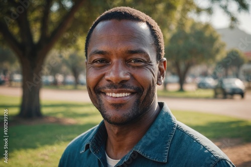 Close portrait of a smiling 40s South African man looking at the camera, South African outdoors blurred background