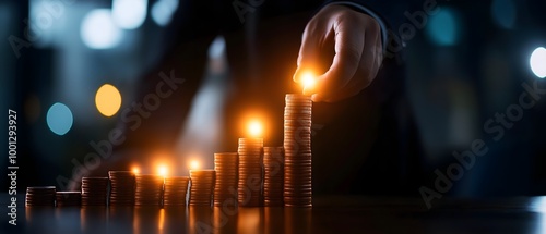 A hand stacks glowing coins, symbolizing financial growth and investment in a dimly lit environment, showcasing the concept of wealth accumulation.