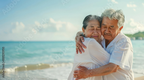 Happy senior couple embracing on a sunny beach.