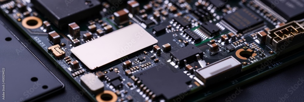 An inside view of a smartphone motherboard and SIM card on a black table An inside view of a smartphone motherboard and SIM card on a black table