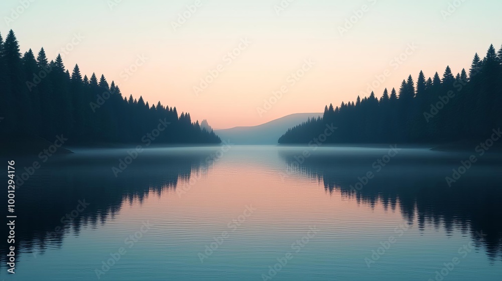 Obraz premium Riverbed, fog flowing, tranquil morning, 3D illustration