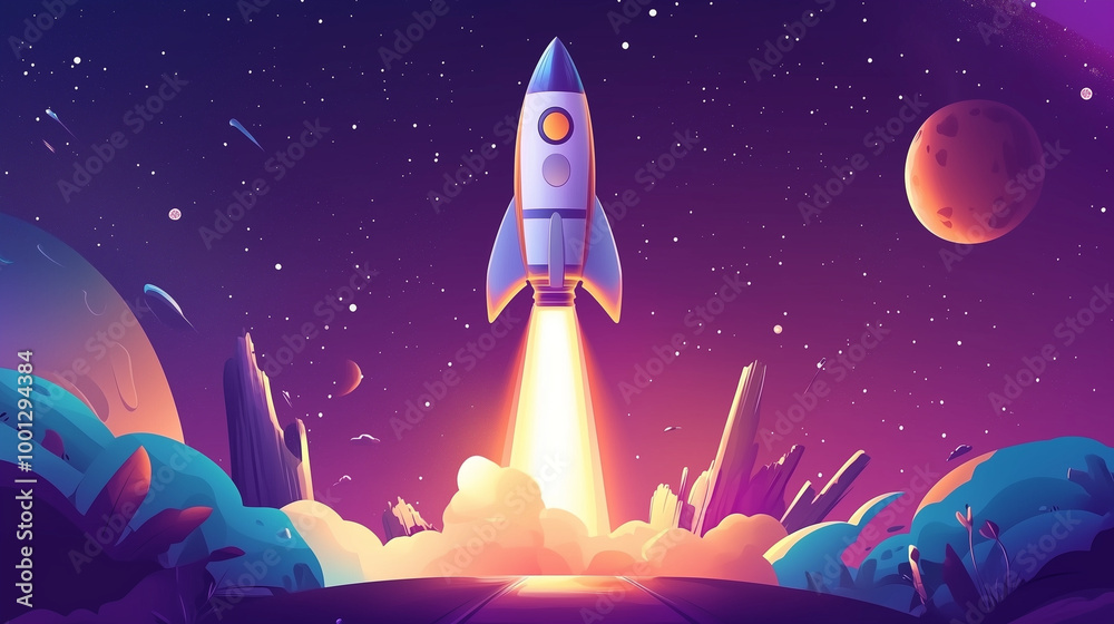 Cartoon rocket go fly up launch. Space galaxy adventure travel landscape view. cartoons. Illustrations
Cartoon rocket go fly up launch. Space galaxy adventure travel landscape view. cartoons. Illustrations