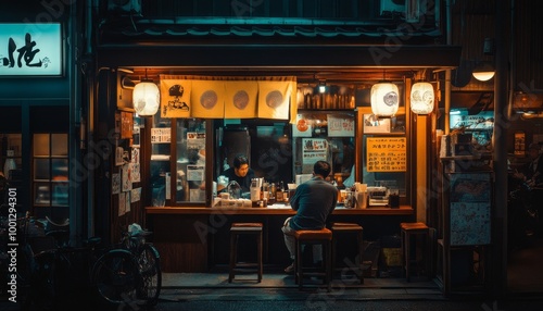 Fototapeta Naklejka Na Ścianę i Meble -  Japanese Street Food Stall at Night. Traditional Japanese Restaurant. Small Japanese Restaurant Facade. Japanese Lantern Lit Night