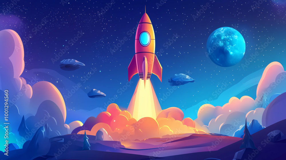 Cartoon rocket go fly up launch. Space galaxy adventure travel landscape view. cartoons. Illustrations
Cartoon rocket go fly up launch. Space galaxy adventure travel landscape view. cartoons. Illustrations